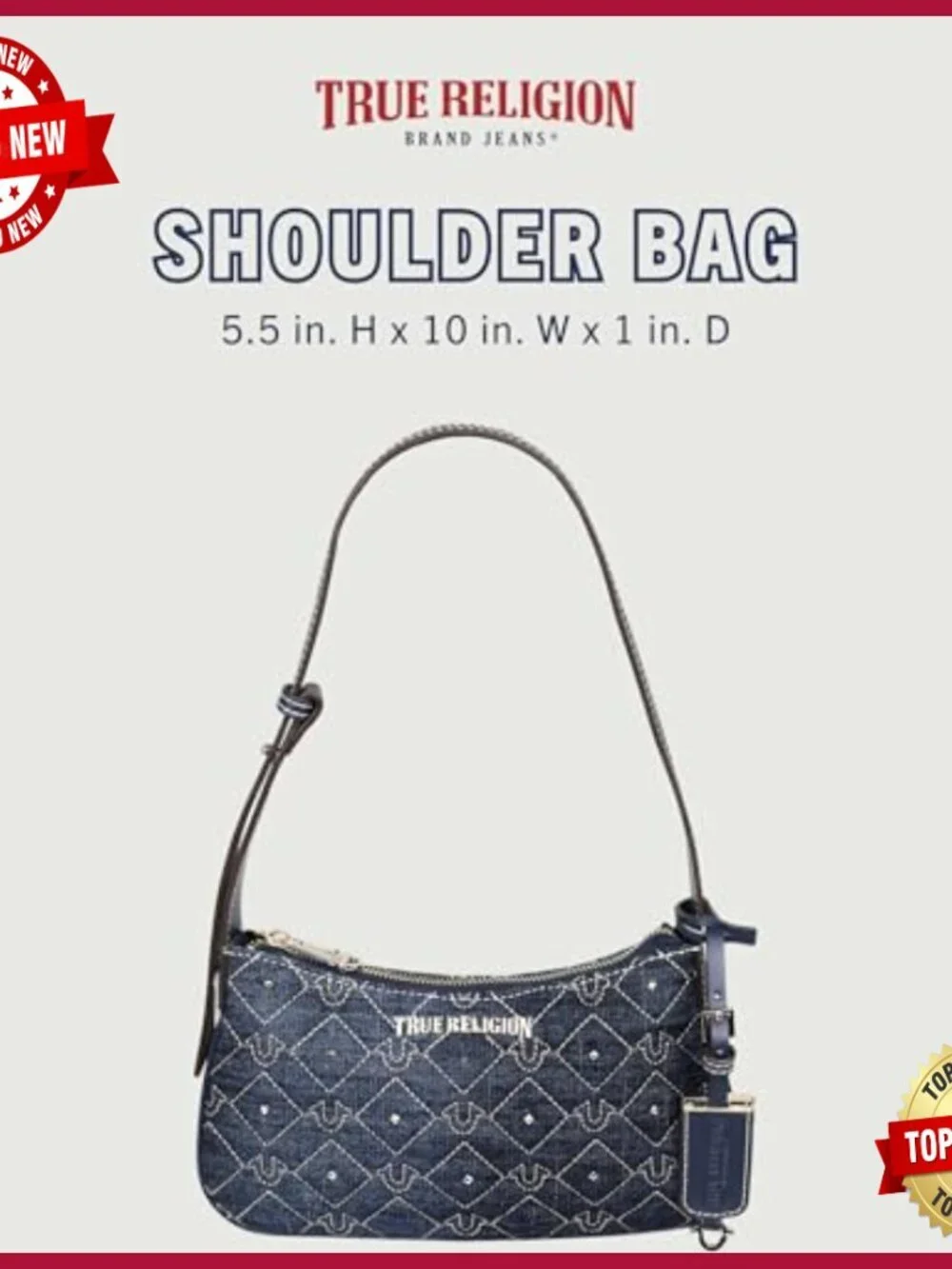 Studded Denim Shoulder Bag Quilted Horseshoe Pattern Gold Hardware